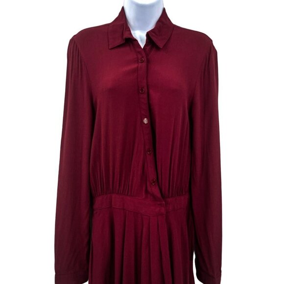Tobi Button Up Shirt Dress Long Sleeve Collared Faux Wrap Draped Burgundy - Picture 4 of 9